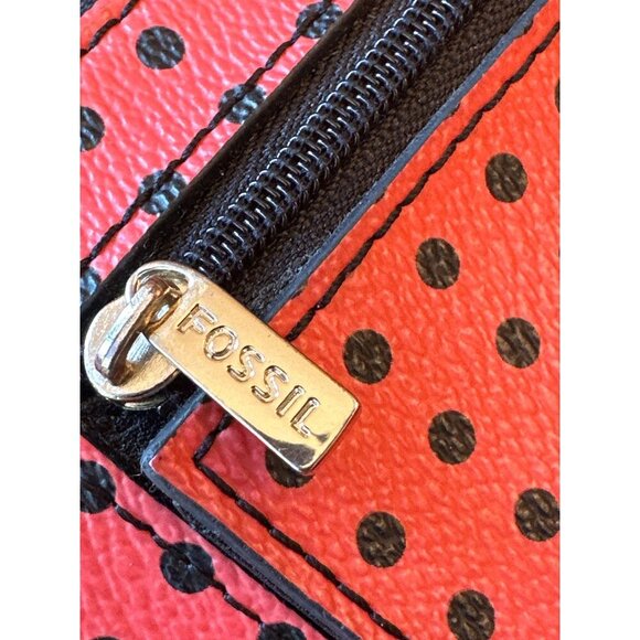 Fossil Red & Black Polka Dot Zip-Around Leather Wallet With Multiple Compartment - Picture 3 of 5